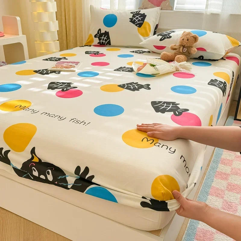 Description Picture 3 of item1 pc 100%Cotton Bed Sheet Cartoon Fish Printed Fitted Sheet with Elastic Band Single/Queen/King Pure Cotton Bed Botton Sheets