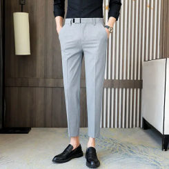 Gray Trousers for Men Stretch Elastic Slim Fit Tressed Man Suits Pants Spring Clothes Work Wear Formal Summer 2024 Designer Up