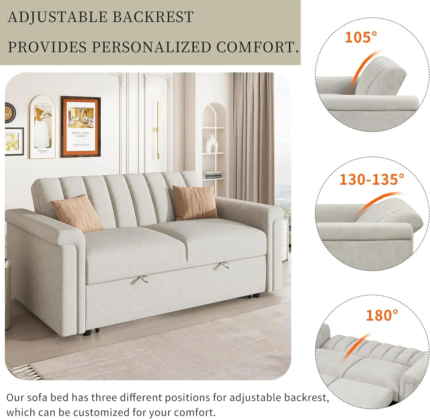 Description Picture 2 of itemL Shaped Sectional Sofa with Reversible Storage Chaise, Pull Out Sofa Bed with USB Ports and 2 Cup Holders for Living Room