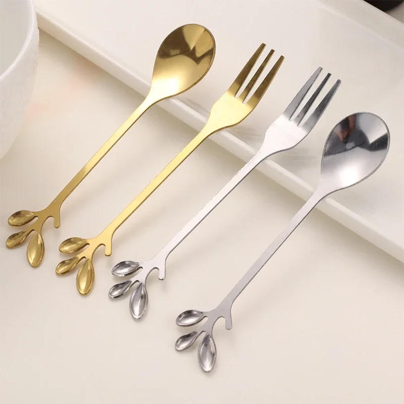 Description Picture 3 of item1-8Pcs Leaves Coffee Spoons Creative Stainless Steel Dessert Ice Cream Scoop Coffee Tea Stirring Spoon Gold Silver Tableware Set