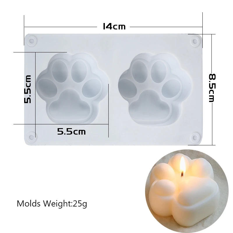 Description Picture 2 of item2 Holes Cat Paw Candle Mold Aromatherapy Silicone Mould 3D DIY Handmade Candle Cake Soap Resin Mold Candle Making Supplies