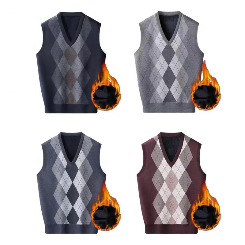 Description Picture 6 of itemMen Sweater Vest Men's Rhombus Print V-neck Sweater Vest Fall/winter Sleeveless Knitted Pullover with Applique for Spring