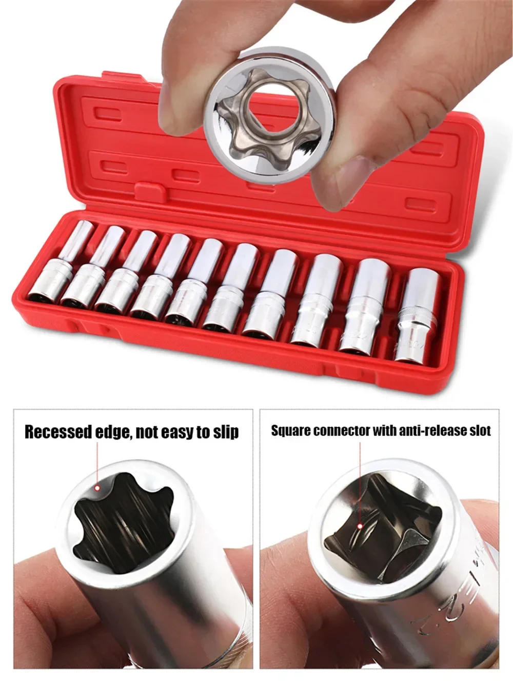 Description Picture 4 of item1/2" 3/8" 1/4" Drive E4-E24 Repair Tool Socket Wrench Head Sleeve 9/10/14/17Pcs E Bit Sockets Set Hand Tool Kit Torx Star Female