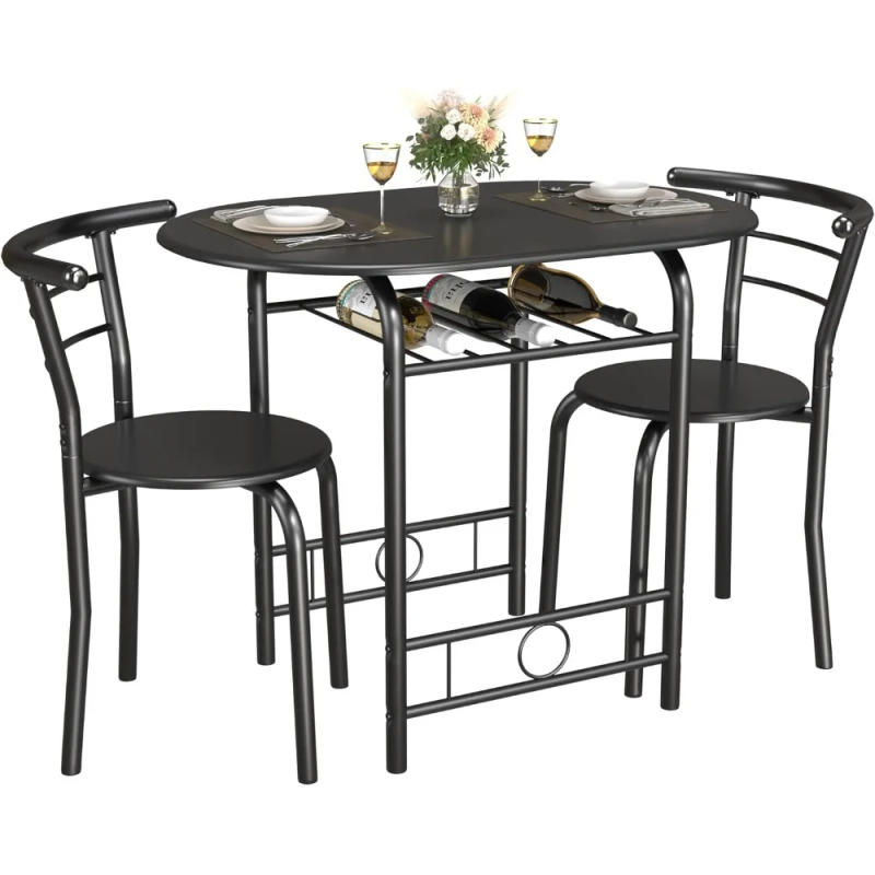 Description Picture 2 of item3Piece Wooden Round Table and Chair Set Kitchen Breakfast Corner with Metal Frame and Built-in Wine Rack for Kitchen Dining Room