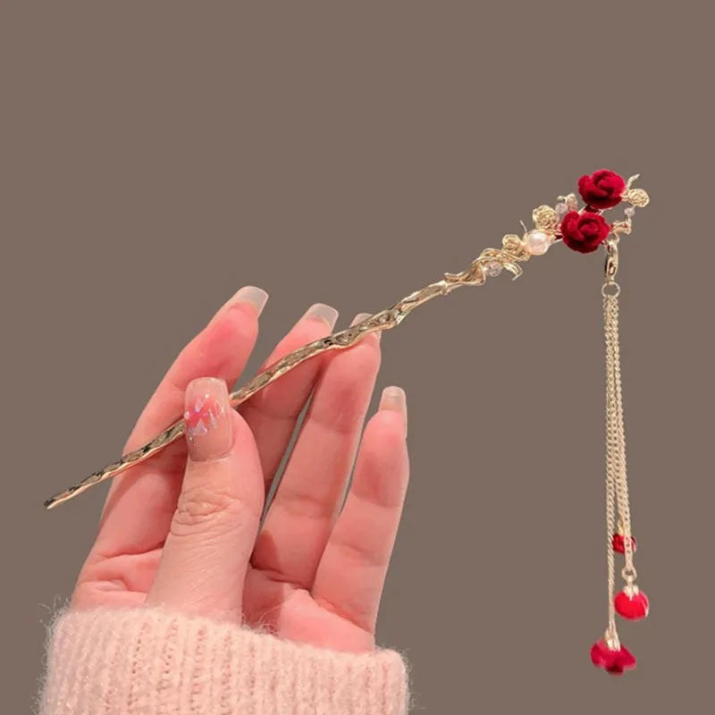 Description Picture 5 of itemVintage Chinese Style Hanfu Hair Stick Flocking Rose Tassel Hairpin Metal Hair Fork Chopsticks Hairpin Jewelry Hair Accessories