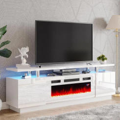 Fireplace TV Stand with 36" White Fireplace, 70" Modern High Gloss Fireplace Entertainment Center LED Lights, 2 Tier TV Consol