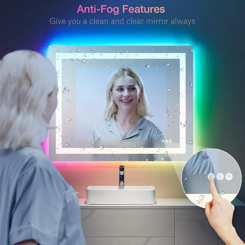 Description Picture 6 of item48"X28" LED Bathroom Mirror with Lights Anti-Fog Dimmable RGB Backlit + Front Lighted Bathroom Vanity Mirror for Wall