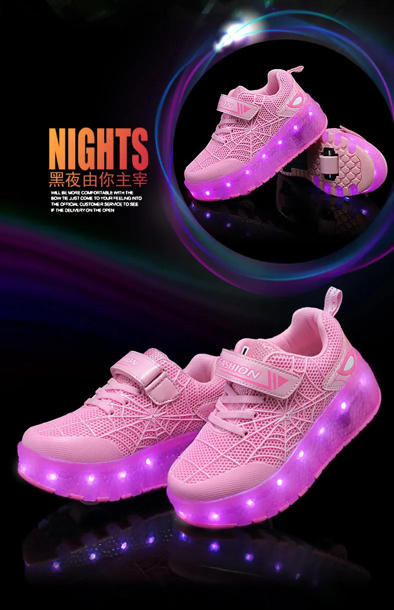 Description Picture 4 of itemKid Sneakers Spider Cartoon Mesh Usb Charge Luminous Shoes Outdoor Sport Roller Skates Child Skate Shoes Boys Girls Casual Shoes