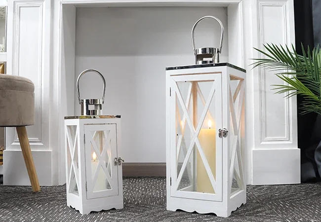 Description Picture 3 of itemFarmhouse Wood Lantern Decorative Candle Holders with Tempered Glass & Stainless Steel Handle Hanging Lantern for Indoor Outdoor