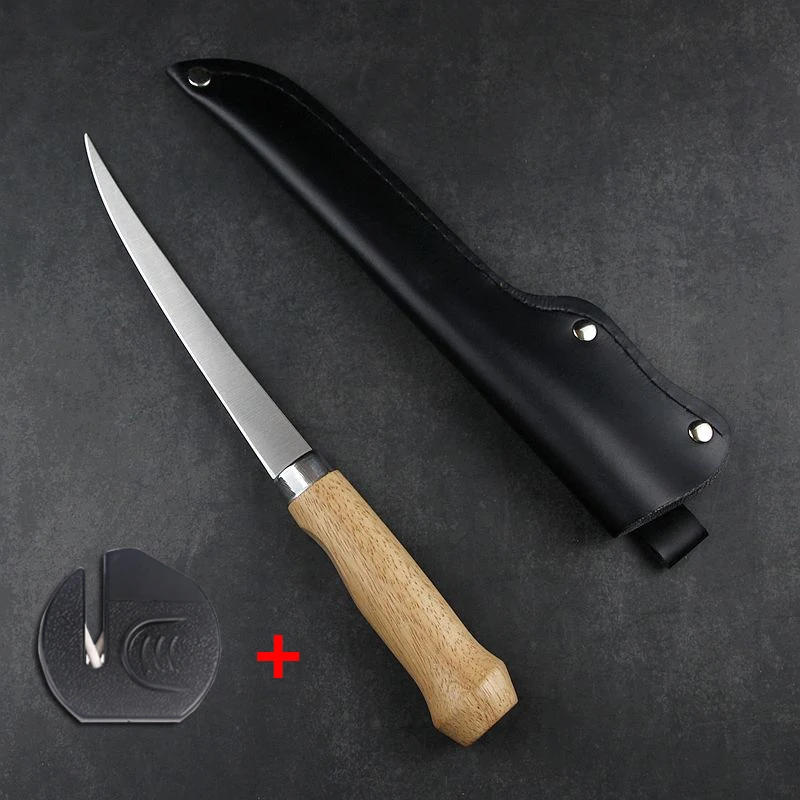 Description Picture 3 of itemStainless Steel Fishing Knife Kitchen Bone Meat Fish Sushi Knife Fruit Vegetables Cutting Tool with Knife Cover Sharpener