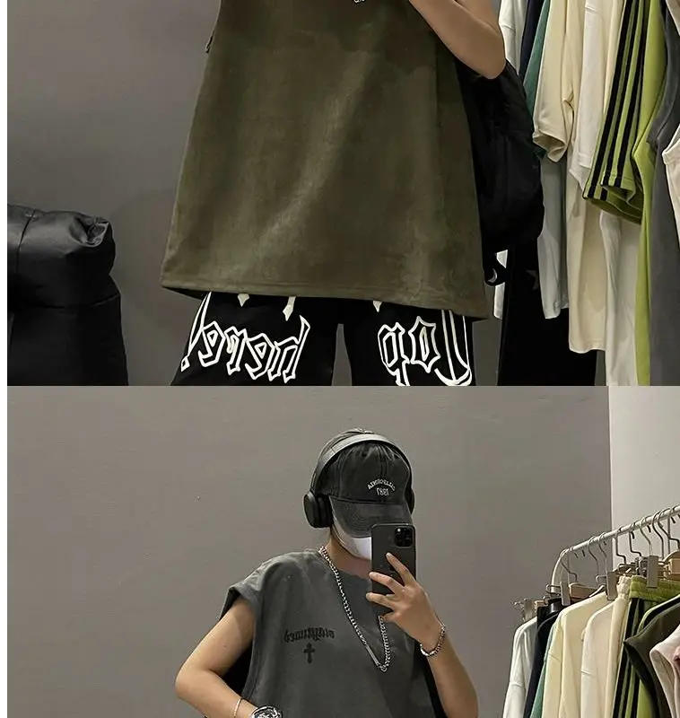 Description Picture 4 of itemMilitary green suede vest men's summer oversize heavyweight trendy brand vest sleeveless t-shirt American couple sweatshirt tops