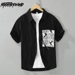 100% Cotton Short Sleeve New in Shirts Man Summer Daily Black Shirts Men Causal Lapel Pocket Printed Design Shirt Youth Fashion