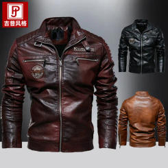 Motorcycle suit with plush and thick standing collar leather jacket, personalized badge jacket, men's casual PU leather jacket