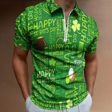 Mens Short Sleeve Polo Shirts St. Patrick's Day Funny Graphic Print T Shirt Zipper Turn Down Collar Slim Fit T-Shirts Polos Tops