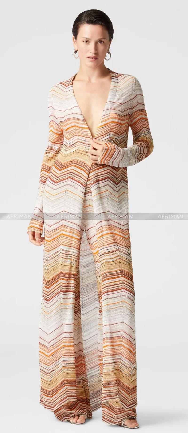 Description Picture 4 of itemWomen Chevron Striped Sequined Long Knit Cardigans Coat