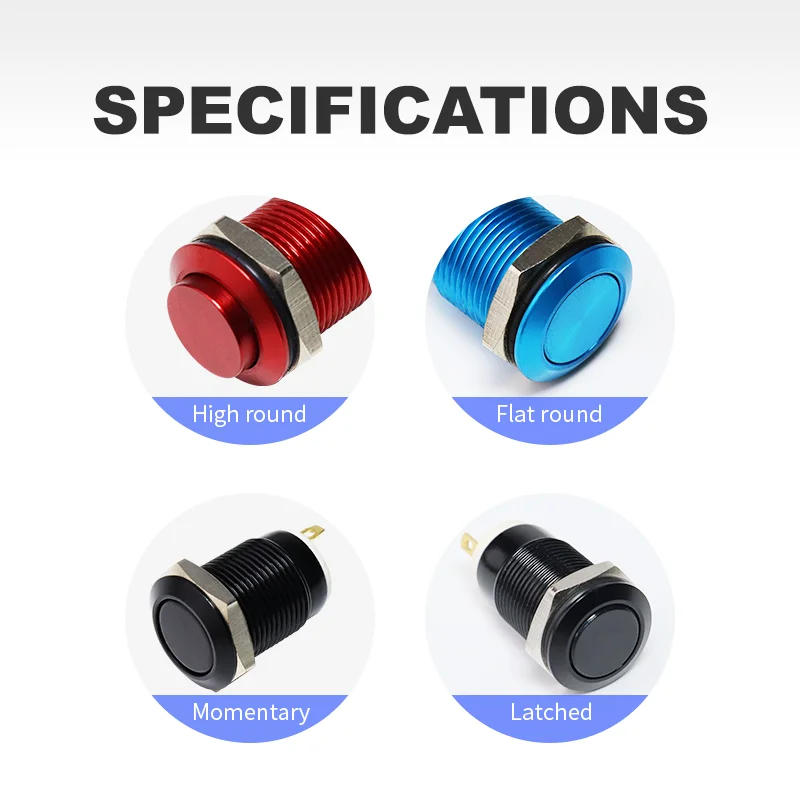 Description Picture 2 of item12mm Metal Push Button Switch On Off Self Reset Momentary Oxidation Red Blue Black Green Yellow Mini Electric Panel Switches 1NO