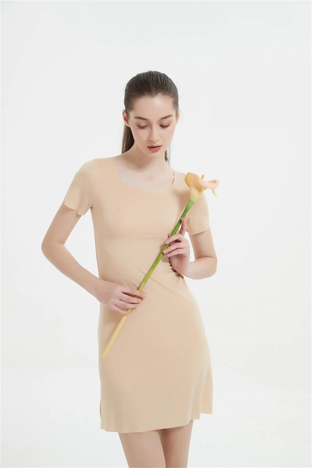 Description Picture 5 of itemsummer Seamless IceSilk Full Slips Dresses For Women Thin Short Sleeve Mini Cool Petticoat Underkirt Sleepwear under dress slip