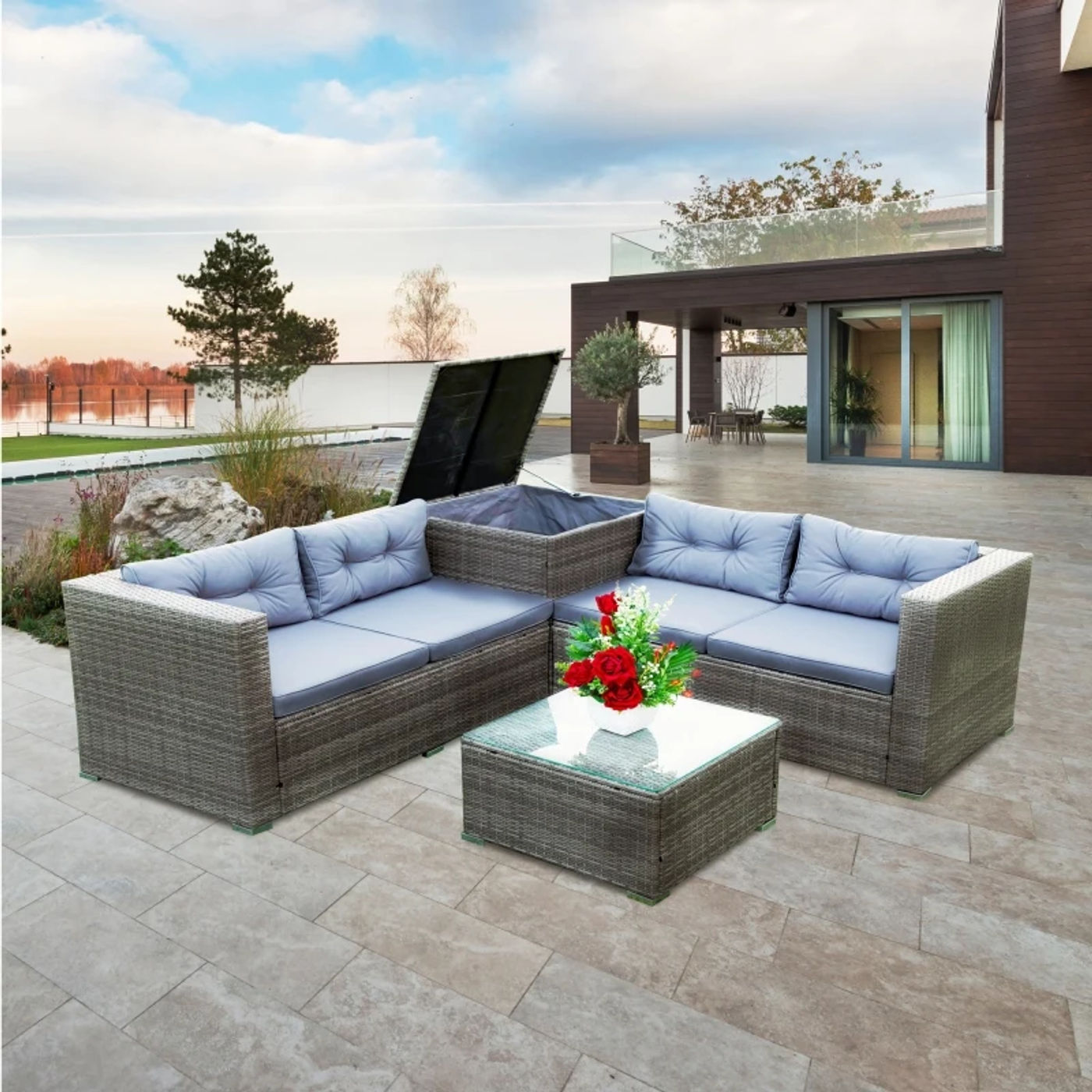 Description Picture 3 of item4 Piece Patio Sectional Wicker Rattan Outdoor Furniture Sofa Set with Storage Box Grey