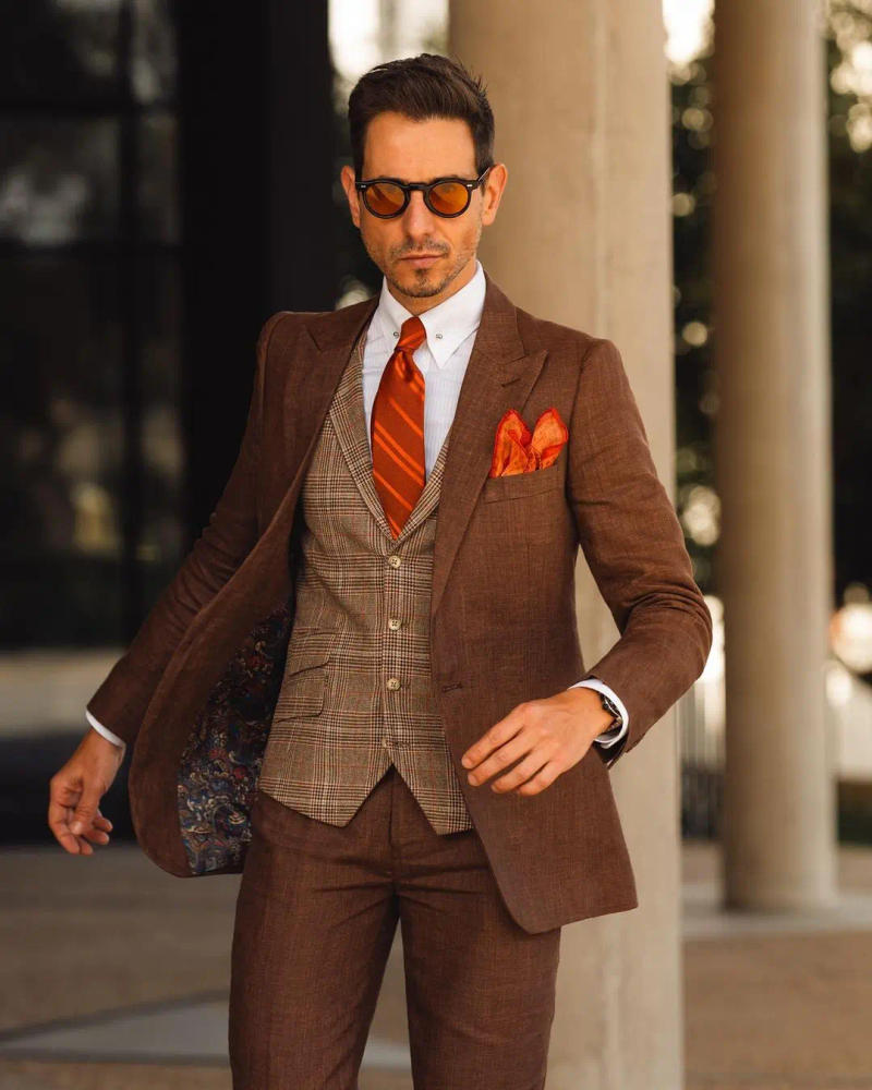 Description Picture 4 of itemBrown Men Suit Tailor-Made 3 Pieces Blazer Plaid Vest Pants Tuxedo One Button Business Work Fashion Wedding Groom Prom Tailored