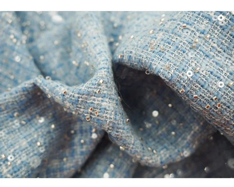 Description Picture 6 of item2024 New Misty Blue Sequins Tweed Fabric For Coat 트위드젤ツイード Tissu Au MÈTre Ткань Для Sewing By The Yard Tecido Stoff Cloth Goods
