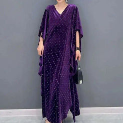 SHENGPALAE Irregular Velvet Dress For Women Korean Fashion Batwing Sleeve V-neck Dot Temperament Vestido Female Loose Robe R6163