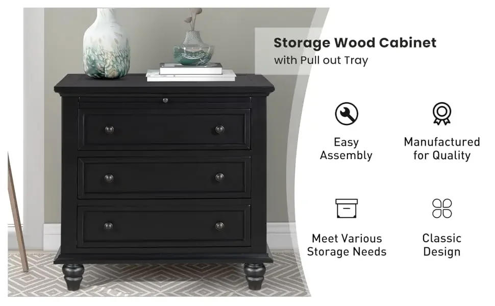 Description Picture 2 of item3-Drawer Nightstand with Pull-Out Tray, Wooden Bedside Nightstand, End Table with Legs, Black Beside Table