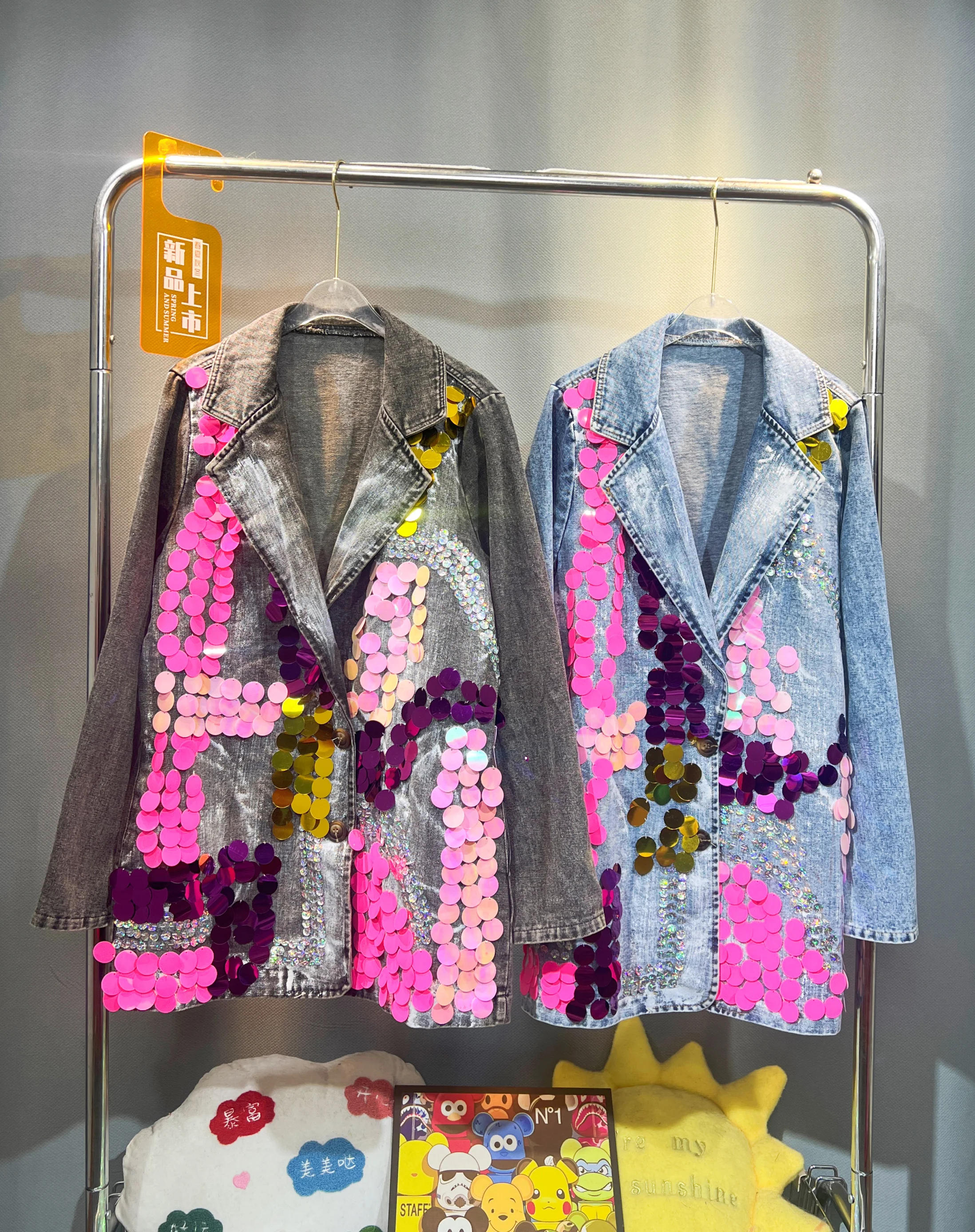 Description Picture 3 of itemHand Painted Heavy Sequined Denim Suit Coat Spring Mid Length Blazers Jacket Turn Down Collar Jeans Cardigan Loose Cowboy Tops