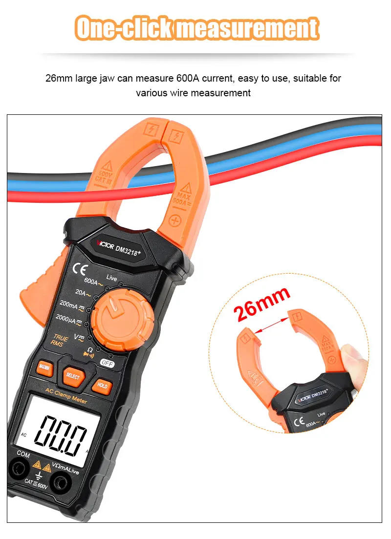 Description Picture 5 of itemVictor 3218+ Digital Clamp Multimeter Ture RMS Auto Range Diode Resistance 20MΩ Frequency AC/DC 600V 600A Live Wire Clamp Meters