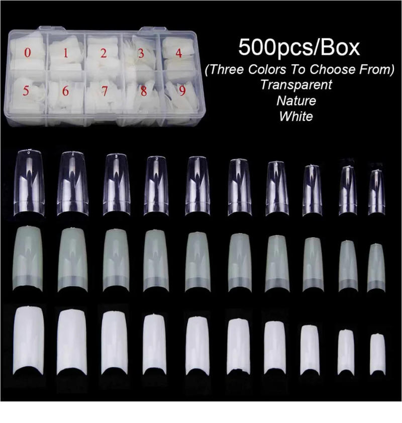 Description Picture 3 of item500pcs/Box Artificial Nail Tips Full Cover Nails Colored Nail Tips Acrylic Transparent Nail Capsules French Manicure False Nails