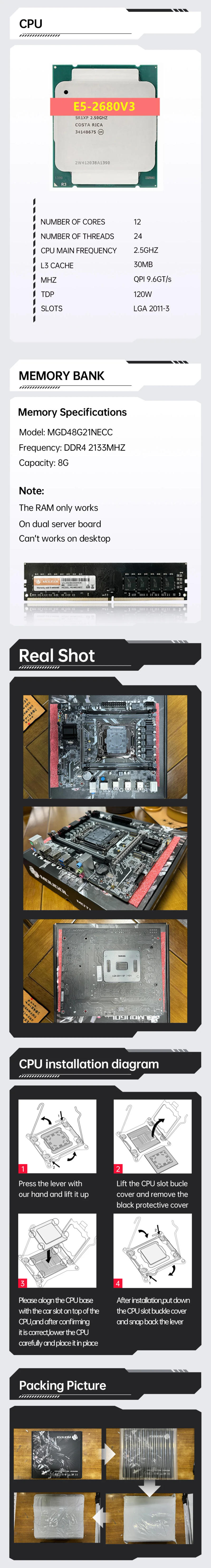Description Picture 5 of itemMOUGOL X99 Motherboard Set with Intel Xeon E5 2680 V3 CPU Dual-channel DDR4 8Gx2 2133MHz RAM for Gaming Computer Components
