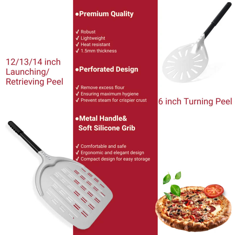 Description Picture 4 of item12 14 &6 Inch Pizza Peel Long Handle Turning Paddle Aluminum Pizza Turner Baking Tool Perforated 2 pack Kitchen Accessories