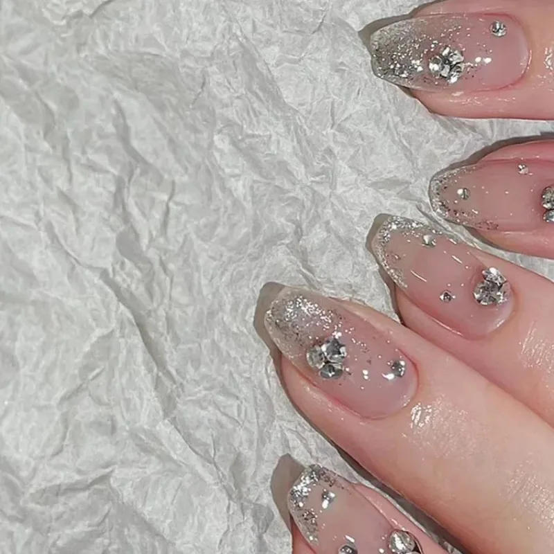 Description Picture 2 of item24Pcs Glitter Diamond Press On Nails Sweet Cute Girl Acrylic Nails Full Cover Short Square Fake Nails Wearable Manicure Nail Tip