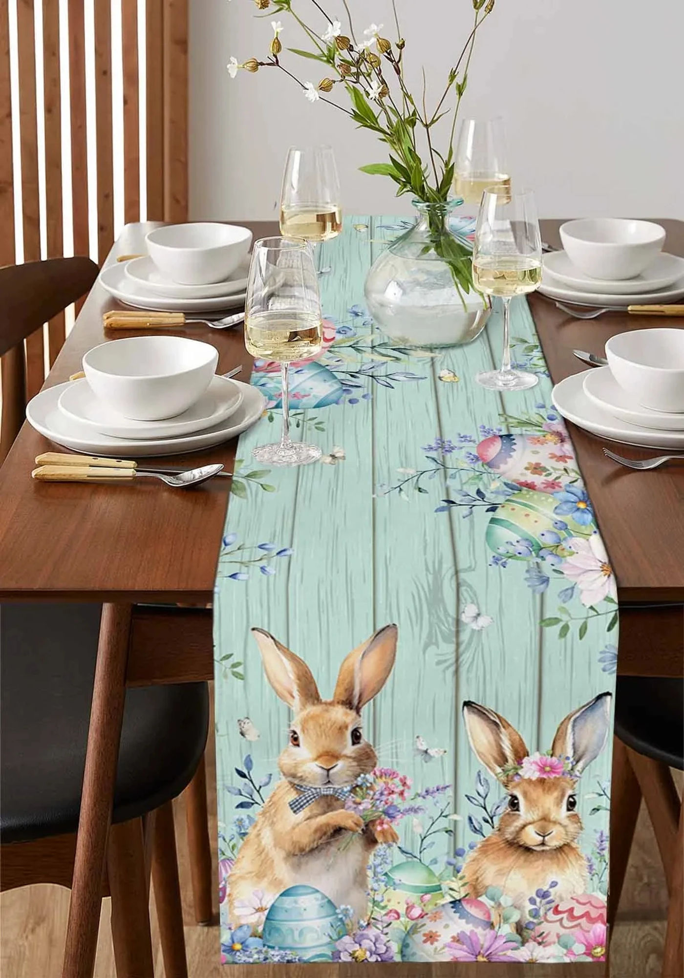 Description Picture 5 of itemEaster Spring Rabbits Egg Flower Wood Grain Linen Table Runners Dining Coffee Table Runner Washable Kitchen Holiday Party Decor
