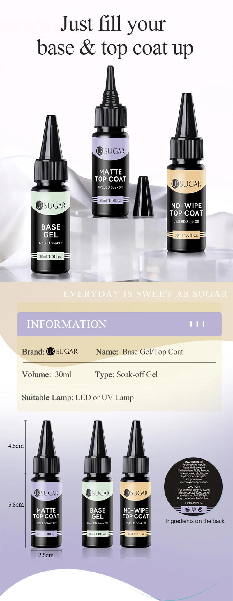 Description Picture 2 of itemUR SUGAR 30ML Base Gel No Wipe Top Coat Nail Art Soak Off UV LED Matte Top Coat Nail Gel Polish Manicure Functional Gel Varnish