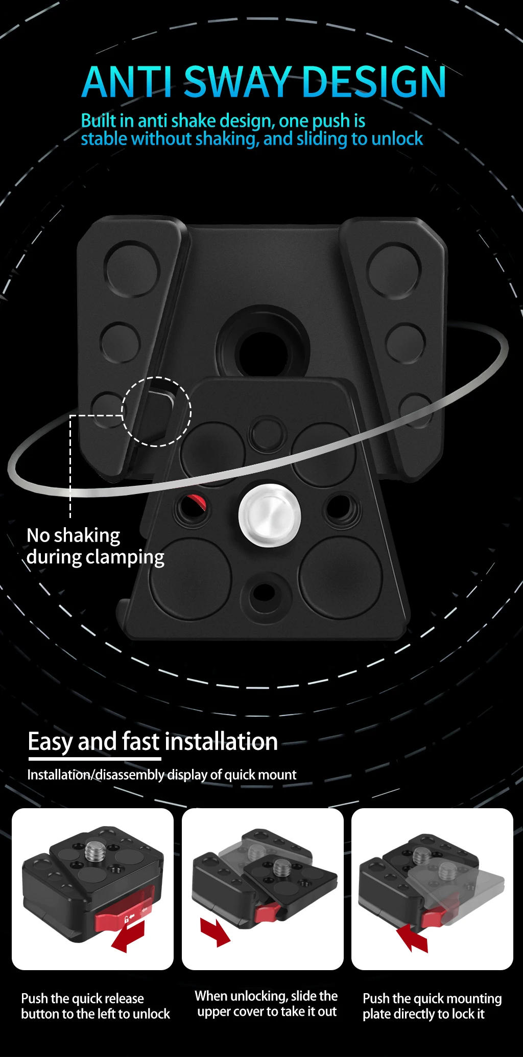 Description Picture 4 of itemQuick Release Clamp Plate V-Lock Mount Anti-shake Clamp 1/4" Screw for 38mm Tripod Head Field Monitor LED Light Camera Accessory