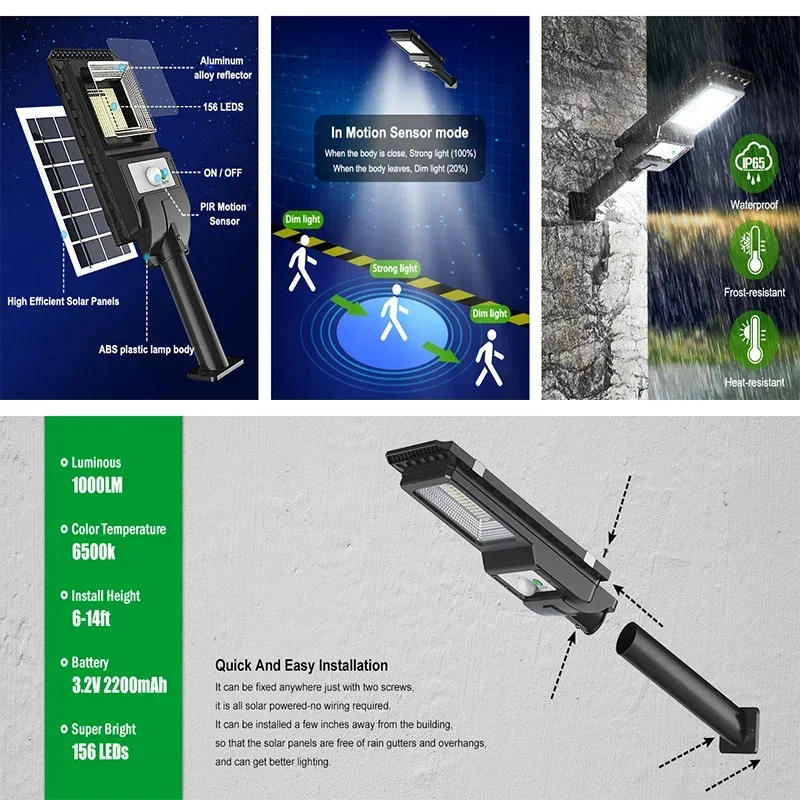 Description Picture 2 of item156LED Solar Street Light Outdoor Waterproof 6500k Powerful Flood Wall Lamp With Motion Sensor For Garden Garage Parking Lot