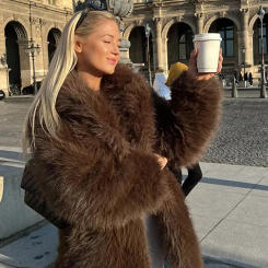 Winter Brown Imitation Fur Coat Women Turn Down Collar Loose Plush Coats Vintage New Thick Warm Socialite Female Oversized Coat