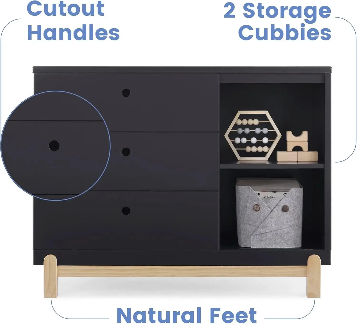 Description Picture 6 of itemDressers 3 Drawer Dresser  Midnight Grey/Natural 19.25"D X 45"W X 34.75"H Dresser Features Three Drawers and Two Side Cubbies