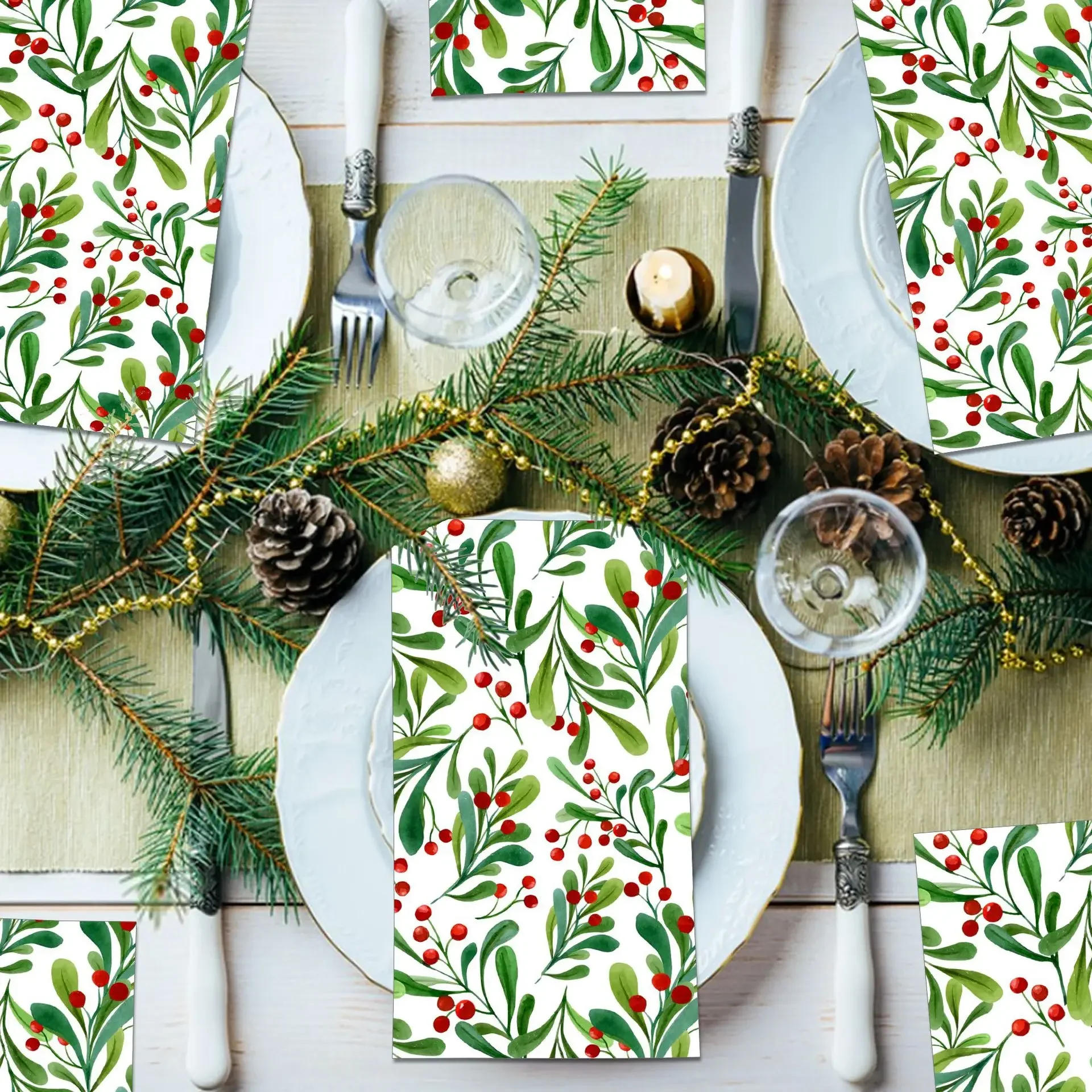 Description Picture 6 of item100PCS Christmas Paper Napkins 33*40CM Holly Berry with Leaves Disposable Dinner Hand Towels for 2025 Xmas Dining Table Decor