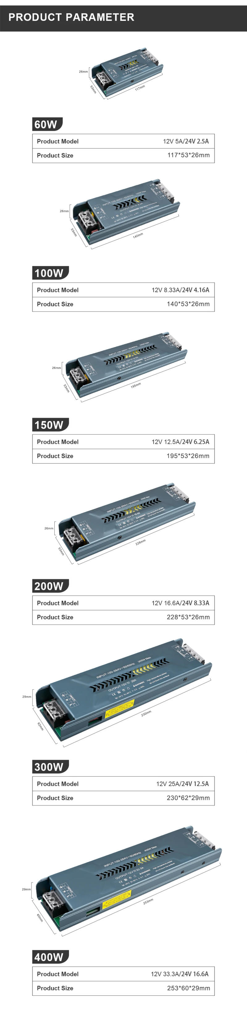 Description Picture 5 of itemDC 12V 24V LED Lighting Transformers Ultra Thin Power Supply 60W 100W 150W 200W 300W 400W Adjustable LED Driver For Strip Lights