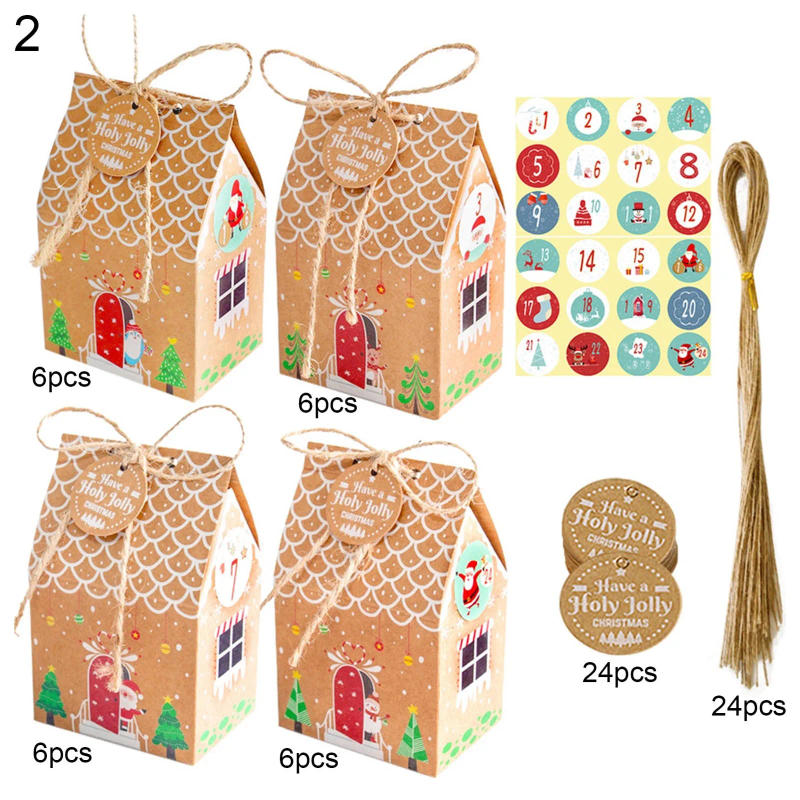 Description Picture 4 of item24pcs Christmas Kraft Paper Gift Boxes Advent Calendar Gingerbread House Candy Packaging Box Christmas New Year Party Decoration