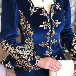 Elegant Chic Women Tops Floral Pattern Deep V Neck Slim Waist Peplum Long Sleeve Design Asymmetric Vintage Velvet Blouse
