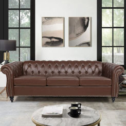 Sofa Leather 84" Upholstered Tufted Couch 3 Seater with Rolled Arms and Nailhead for Living Room Bedroom Dark Brown