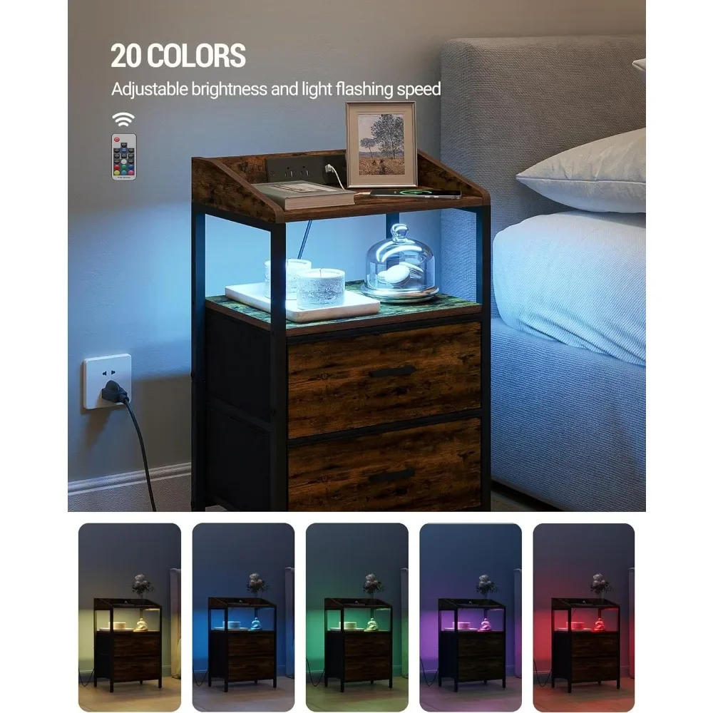 Description Picture 4 of itemNightstands Set of 2 with LED Lights and Charging Station,End Table with 2 Fabric Storage Drawers and Shelves, Modern Side Table