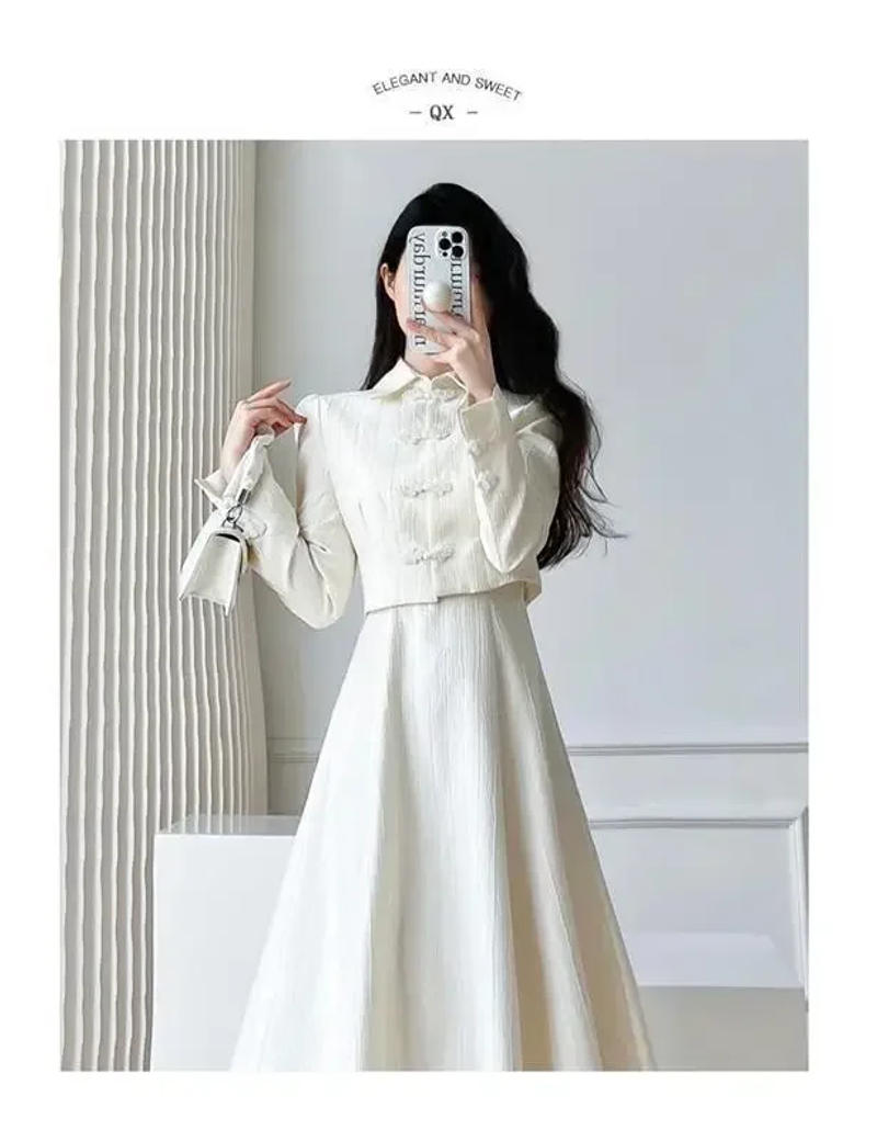 Description Picture 5 of itemFrench Tweed Style Women's Spring Autumn Elegant High-Waisted Chinese Dress Top Bank Dress Fashionable 2-Piece Set