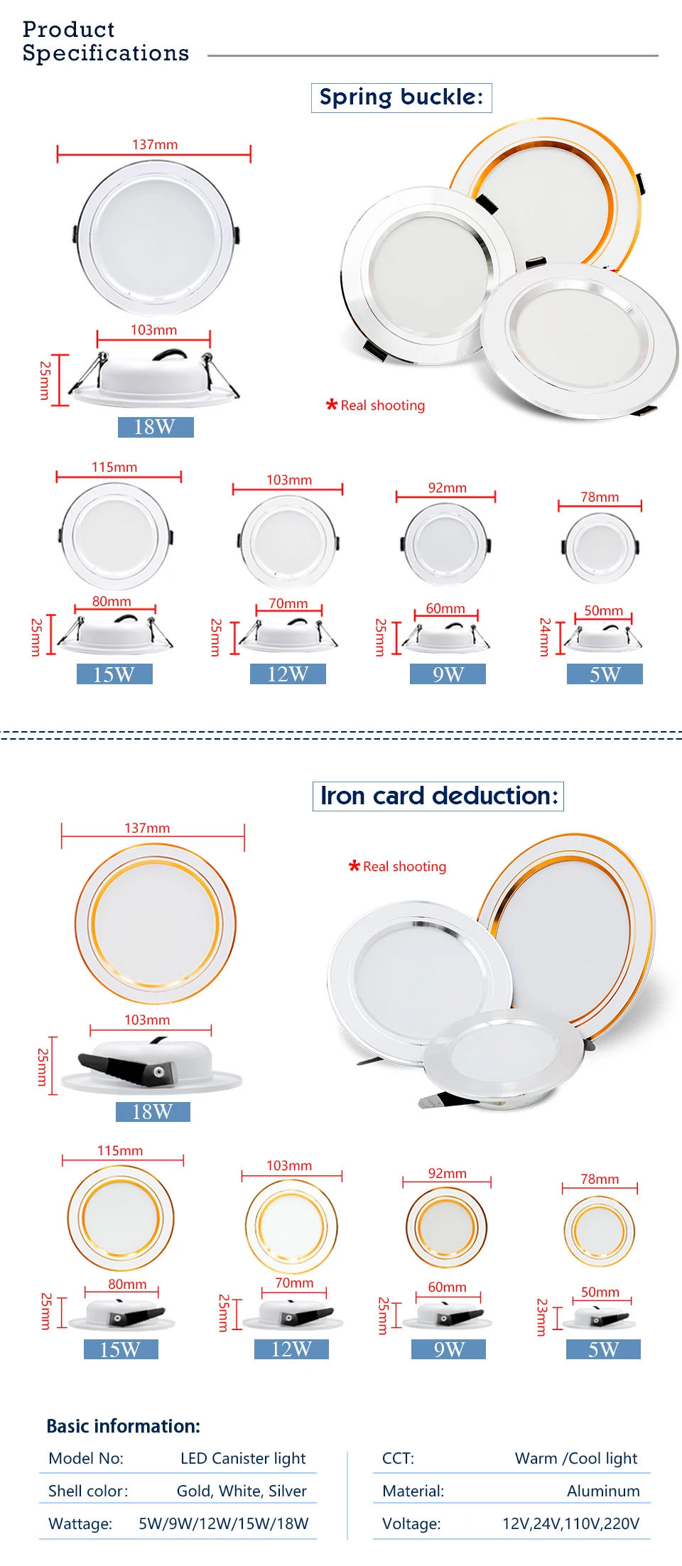 Description Picture 3 of itemLed Downlight Recessed Round Ceiling Lamps DC 12V 24V AC110V 220V 5W 9W 12W 15W 18W Spotlight For Home Decor Living Room