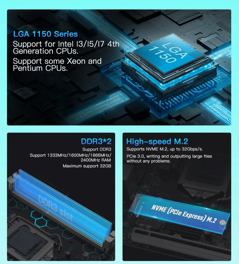 Description Picture 4 of itemMACHINIST H97 STRONG Motherboard LGA1150 support Support Intel Core i7/i5/i3/E3 DDR3 Mini-ATX VGA/HDMI/DP/COM Dual LAN WIFI M.2