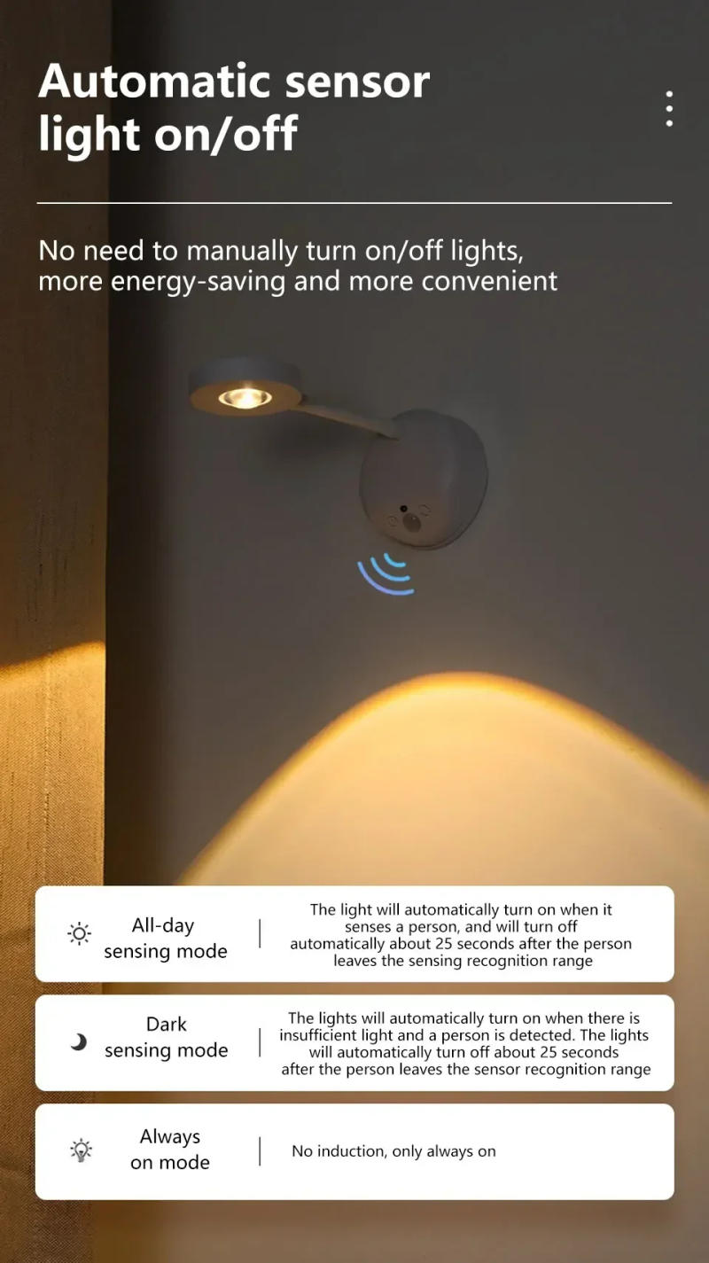Description Picture 6 of itemLED Sensor Night Light Bedroom Corridor Gallery Wall Light Black White Simple Tri-colour Adjustable Rechargeable Desk Lamp