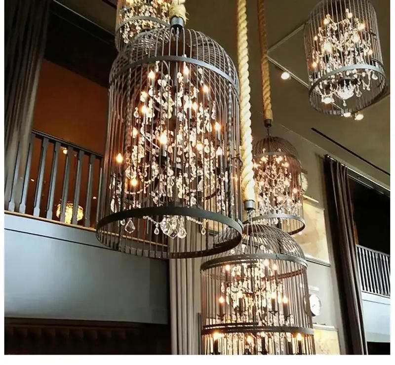 Description Picture 5 of itemVintage American countryside candle Chandelier iron circular LED light living room dining room birdcage crystal Chandelier