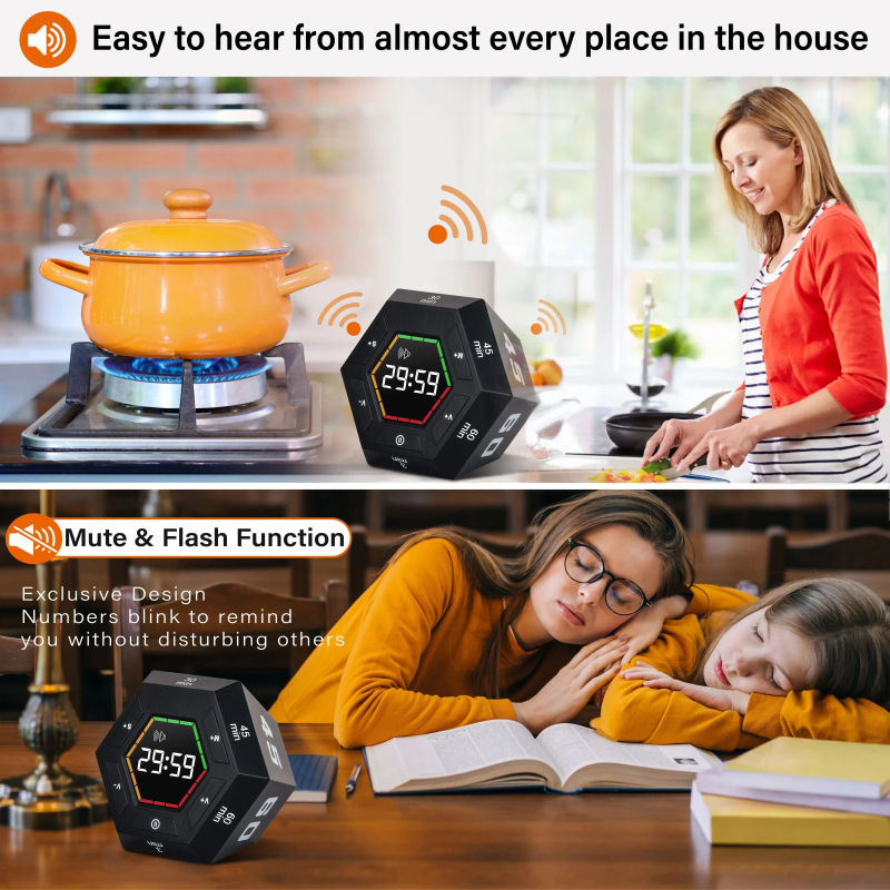 Description Picture 6 of itemMagnetic Smart Productivity Kitchen Timer Digital Study Pomodoro Cooking Timers Hexagon Visual Flip Timer for kids